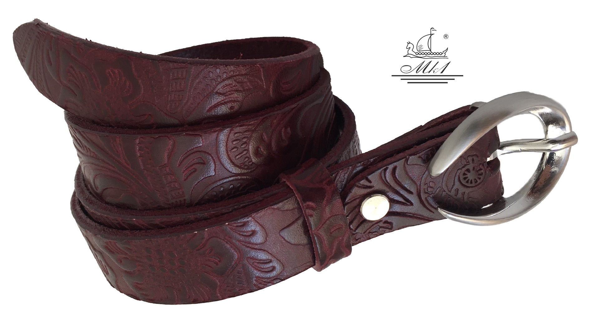 Women's thin belt handcrafted from redbrown natural leather with floral design 101589/25Nrb-ll