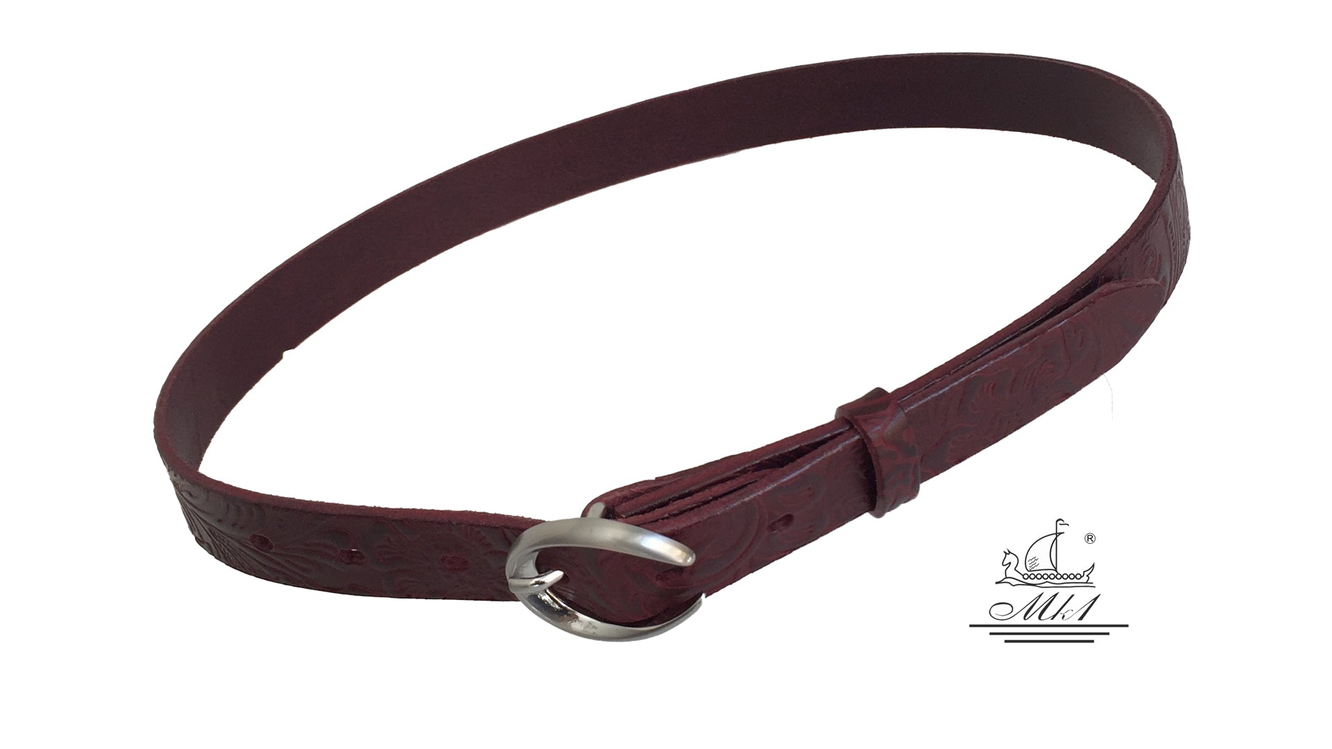 Women's thin belt handcrafted from redbrown natural leather with floral design 101589/25Nrb-ll