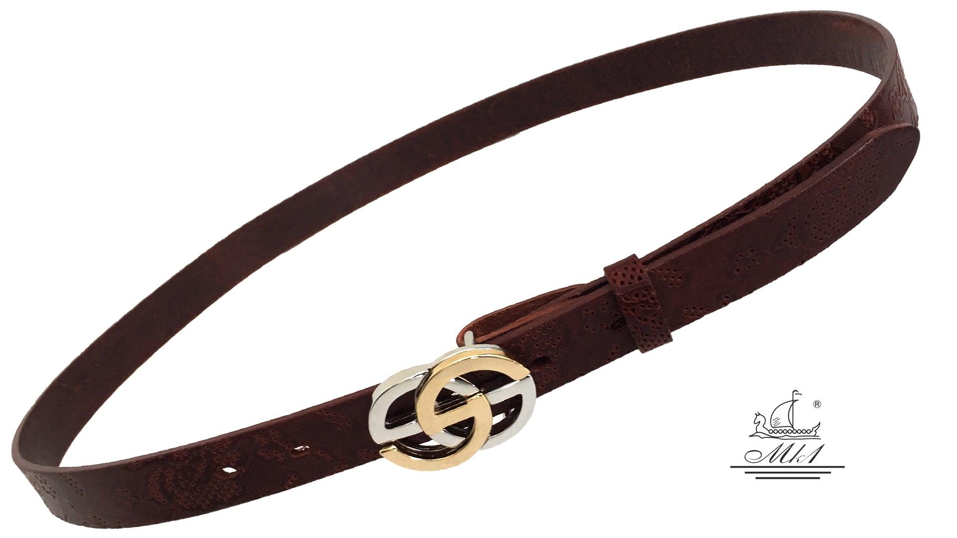Women's thin belt handcrafted from brown natural leather with floral design. 101689/25k-dt