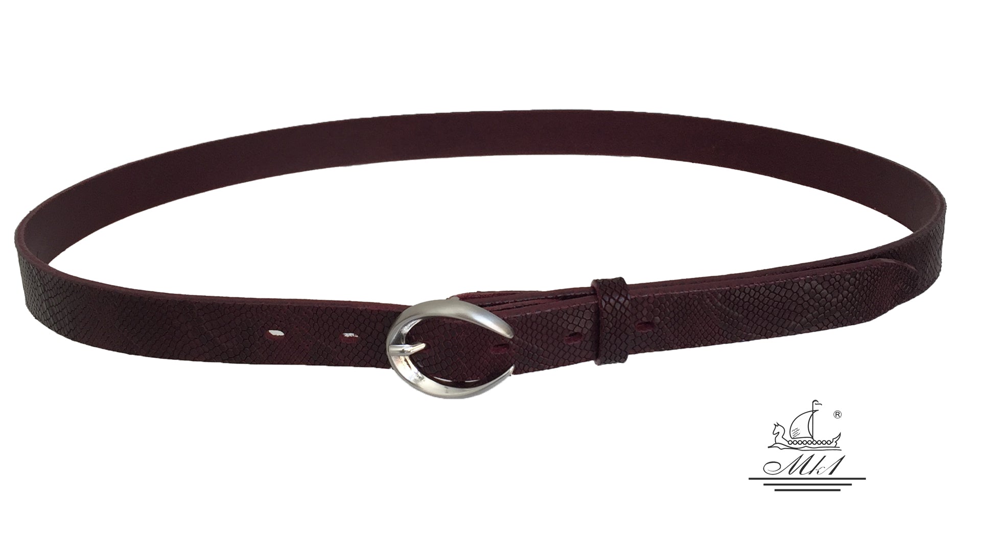 Women's thin belt handcrafted from red brown natural leather with snake design 101589/25Nrb-fd