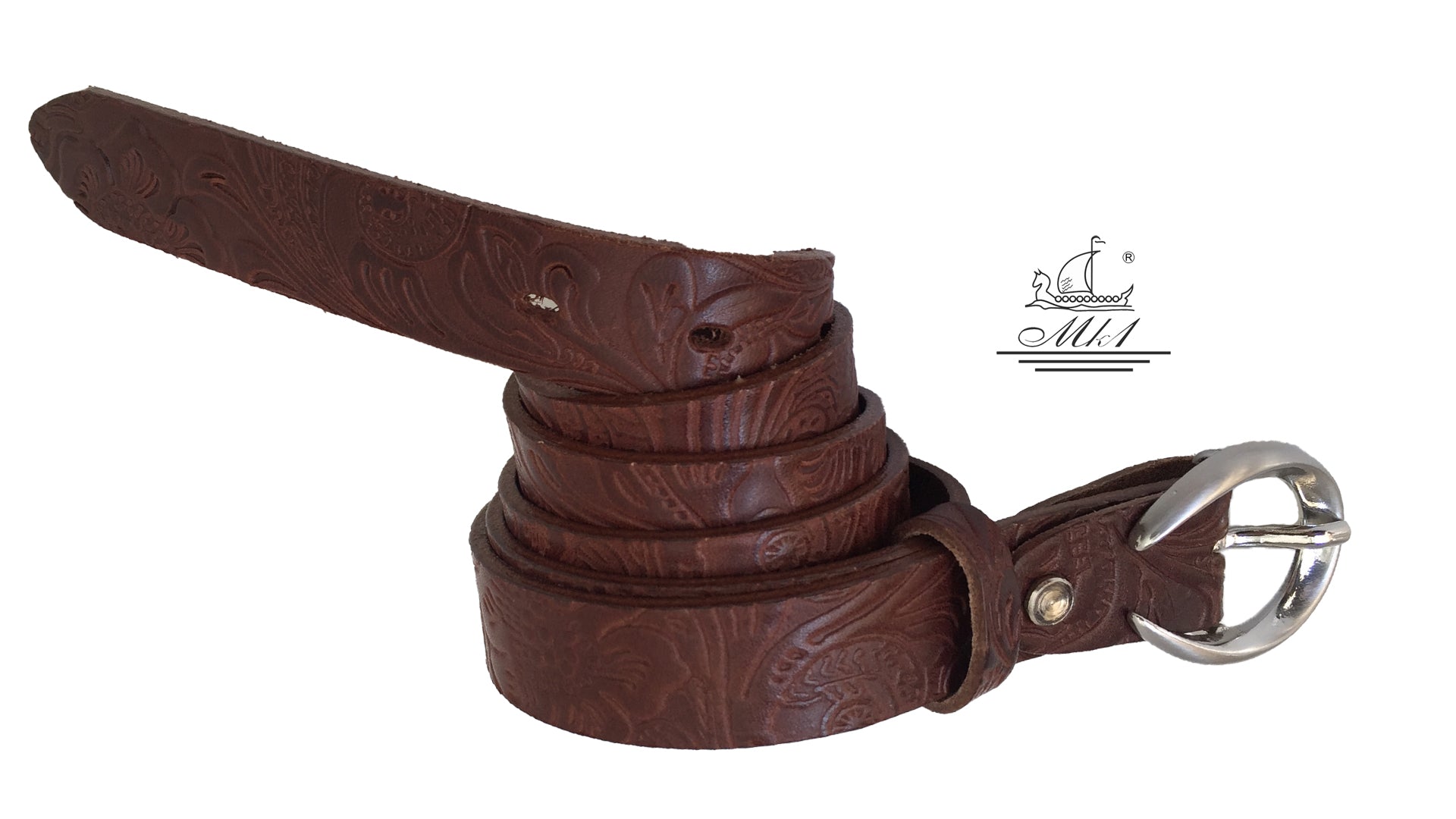 Women's thin belt handcrafted from brown natural leather with floral design 101589/25Nk-ll
