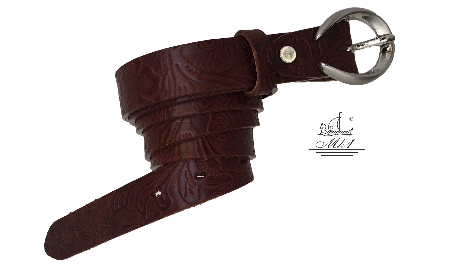 Women's thin belt handcrafted from brown natural leather with floral design 101589/25Nk-ll