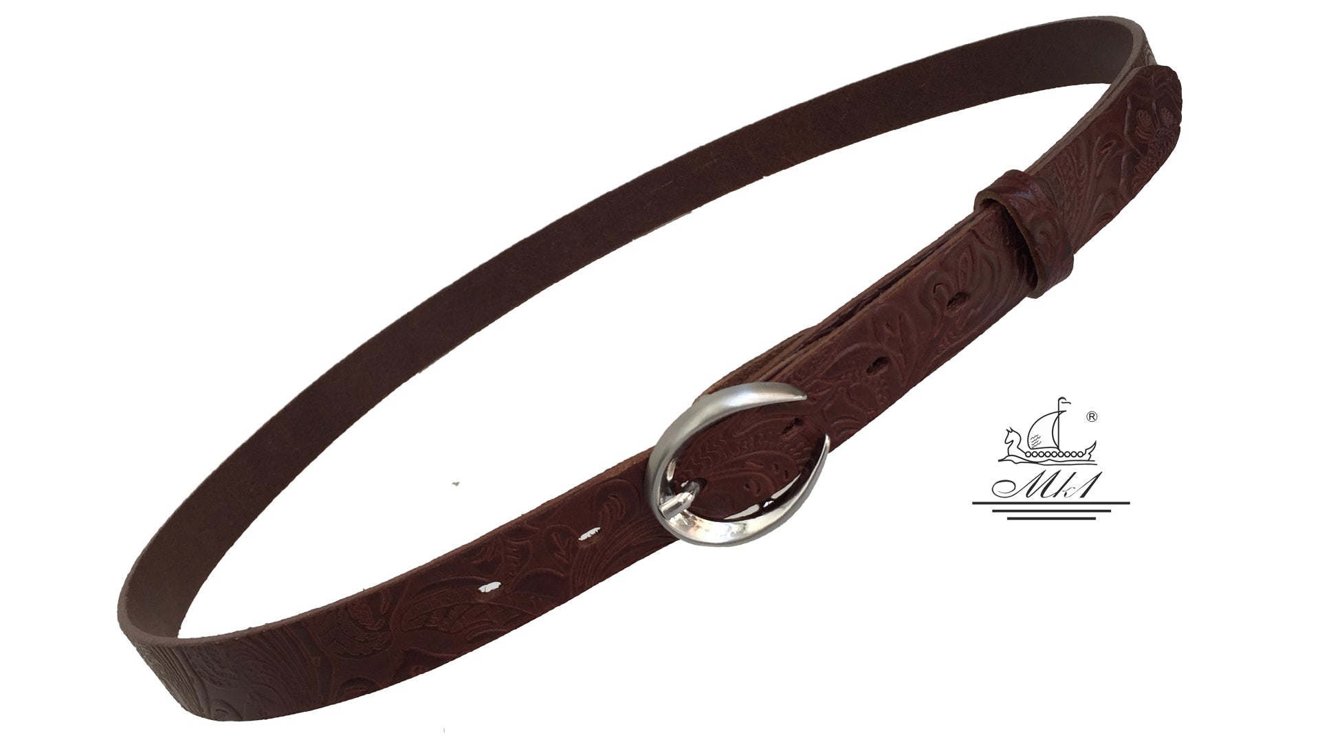 Women's thin belt handcrafted from brown natural leather with floral design 101589/25Nk-ll