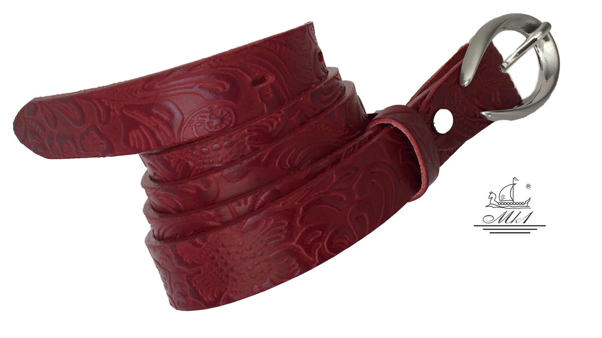 Women's thin belt handcrafted from red natural leather with floral design 101589/25Nrd-ll