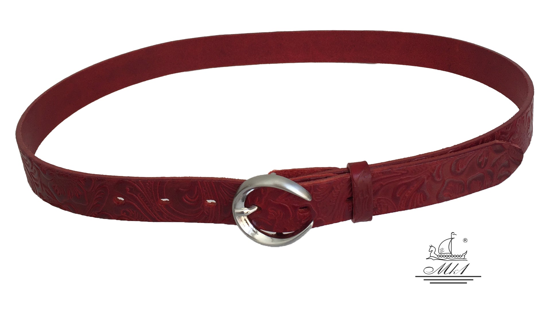 Women's thin belt handcrafted from red natural leather with floral design 101589/25Nrd-ll