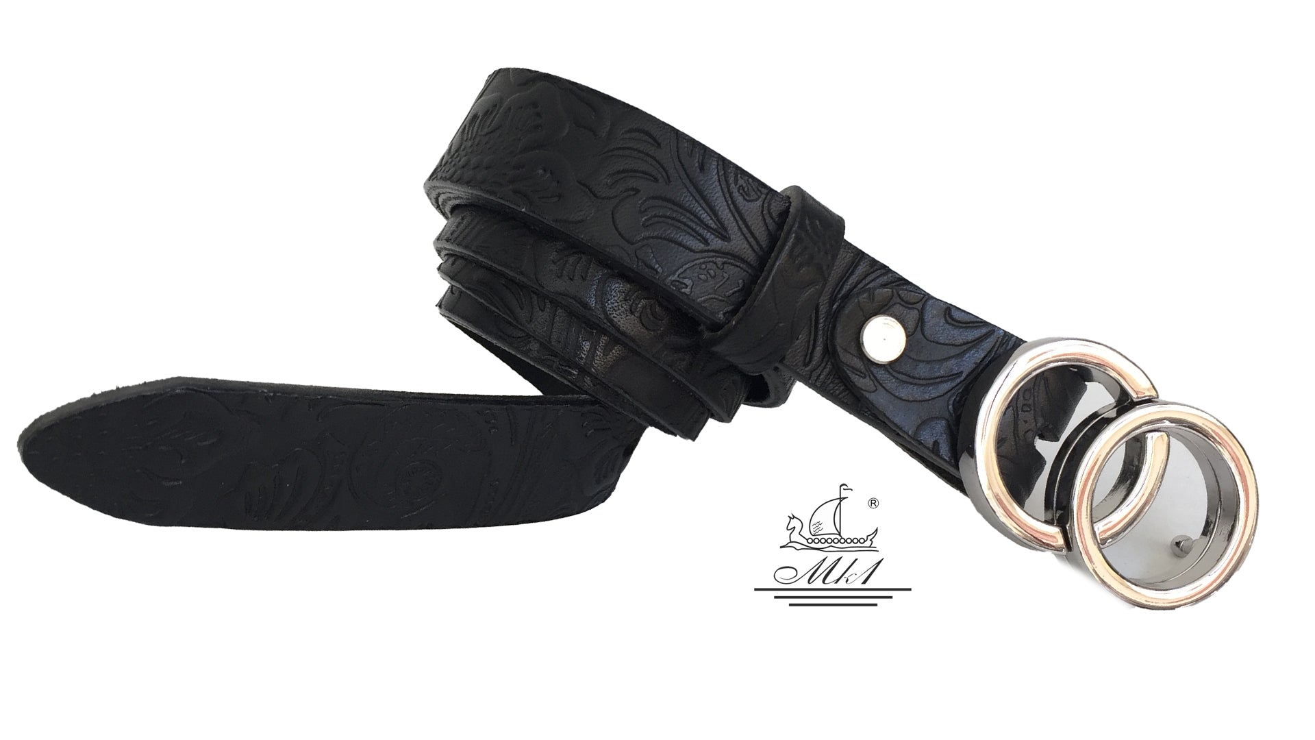 Women's thin belt handcrafted from black natural leather with floral design 101343/25 m-ll