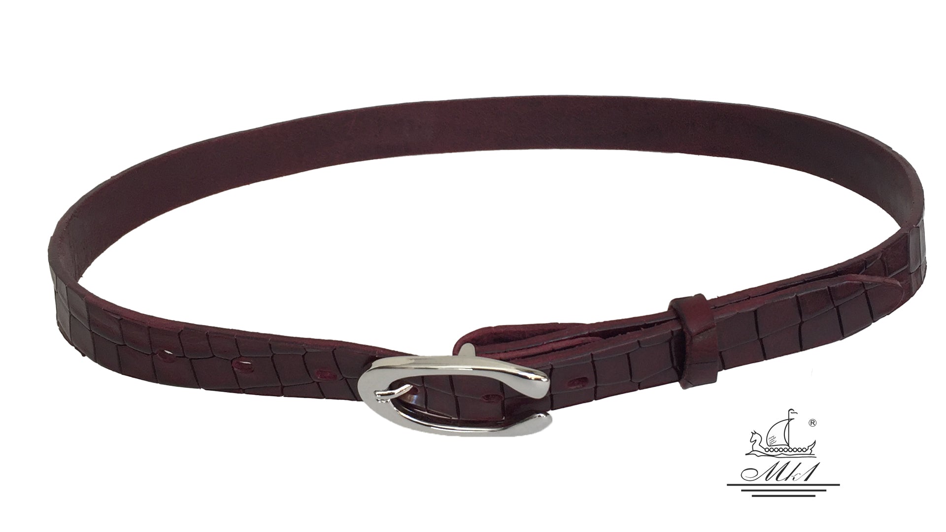Women's thin belt handcrafted from redbrown natural leather with croco design 101294-25 rb-kr