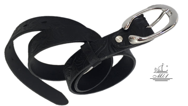 Women's thin belt handcrafted from black natural leather with floral design 101294-25m-ll