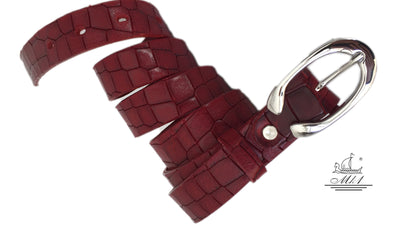 Women's thin belt handcrafted from red natural leather with croco design 101294-25rd-kr