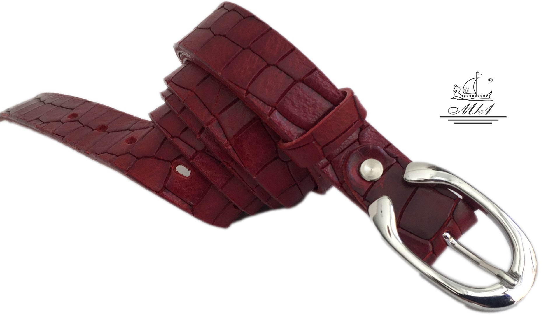 Women's thin belt handcrafted from red natural leather with croco design 101294-25rd-kr