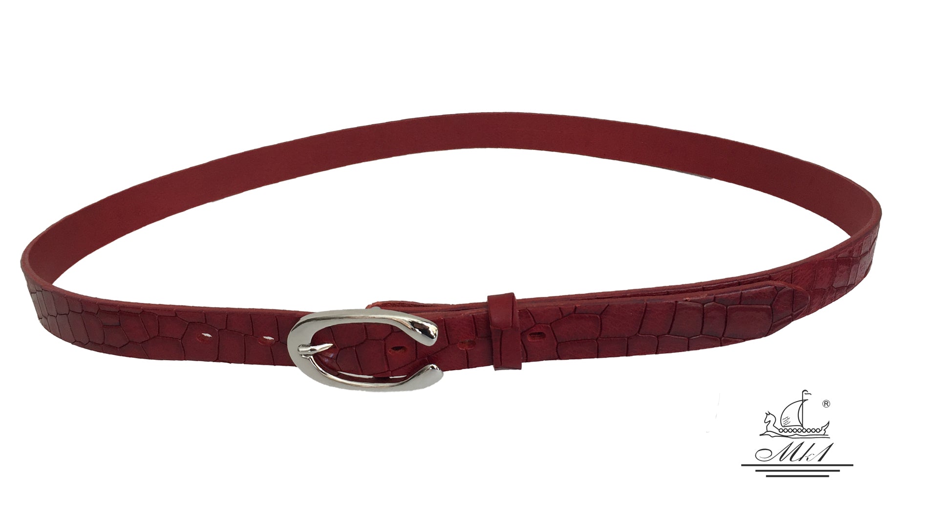 Women's thin belt handcrafted from red natural leather with croco design 101294-25rd-kr