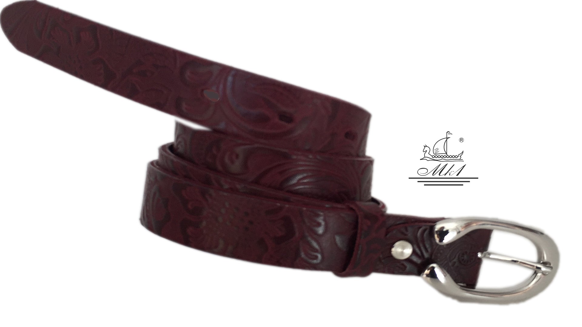 Women's thin belt handcrafted from redbrown natural leather with floral design 101294-25rb-ll