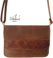 "Iakinthos" - small crossbody bag handcrafted from natural light brown leather with flower design WT/52FLK